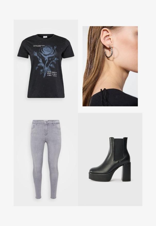 ONLY Carmakoma CARMIKO WASHED SS REG TEE JRS - T-shirts print - black; Grå skinny jeans lavet af denim, med klassisk fem-lomme design, lynlås i front og en glat overflade med let stræk.; Sort læder ankelstøvle med en kraftig blokhæl, elastiske sideskår og en glat overflade. Har en platformssål for ekstra højde.; Sølv hoop ørestik med en poleret overflade, prydet med små guld accenter og en rund form, båret på øreflippen.