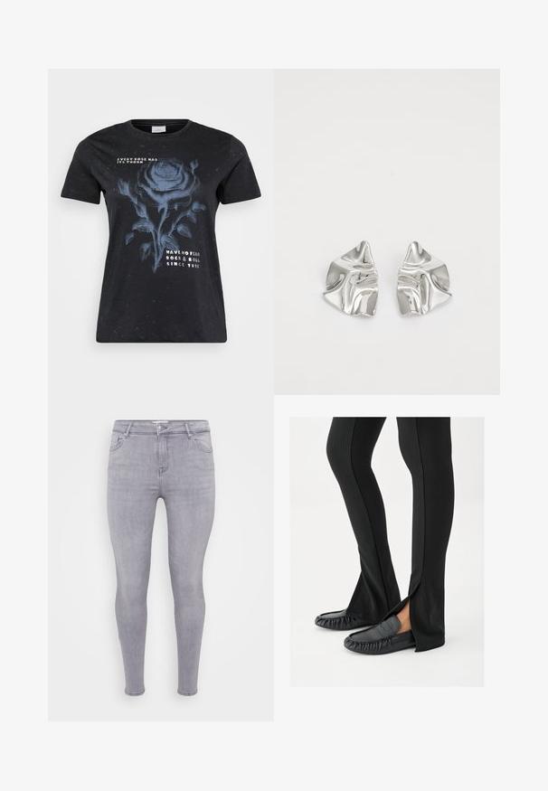 ONLY Carmakoma CARMIKO WASHED SS REG TEE JRS - T-shirts print - black; Grå skinny jeans lavet af denim, med klassisk fem-lomme design, lynlås i front og en glat overflade med let stræk.; Ben iført sorte flagrende bukser med sideslids, kombineret med sorte lædermoccasins på en hvid baggrund.; Sølvmetal øreringe med et bølgende, skulpturelt design, der har en poleret overflade og uregelmæssige former, hvilket fremhæver en moderne æstetik.