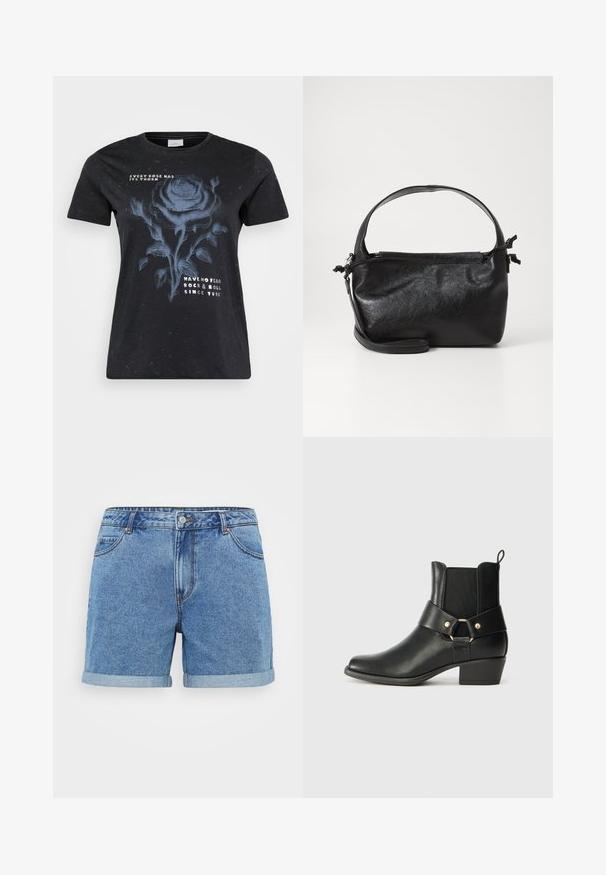 ONLY Carmakoma CARMIKO WASHED SS REG TEE JRS - T-shirts print - black; Lysblå denimshorts med opfoldet kant, fem-lomme design, knaplukning og syede detaljer. Fremstillet af bomuldsstof.; Sort læder ankelstøvle med en rund tå, elastiske sidepaneler og et dekorativt bånd med en guld ringdetalje. Design med blokhæle.; Sort læderhåndtaske med et struktureret design, rund tophåndtag og aftagelig skulderrem. Den har en glat tekstur og en subtil glans.