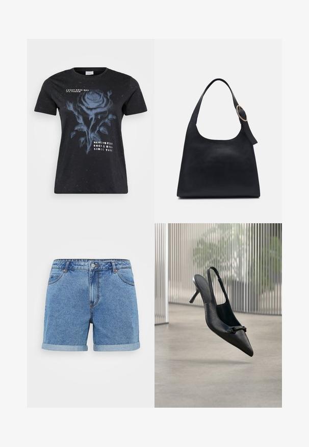 ONLY Carmakoma CARMIKO WASHED SS REG TEE JRS - T-shirts print - black; Lysblå denimshorts med opfoldet kant, fem-lomme design, knaplukning og syede detaljer. Fremstillet af bomuldsstof.; Sort tekstureret læder slingback højhælet sko med spids tå og lille dekorativ spænde, svævende over en glat gulv.; Sort læder tote taske med en glat overflade, rund form og en enkelt skulderrem med et cirkulært guld hardware-ornament.