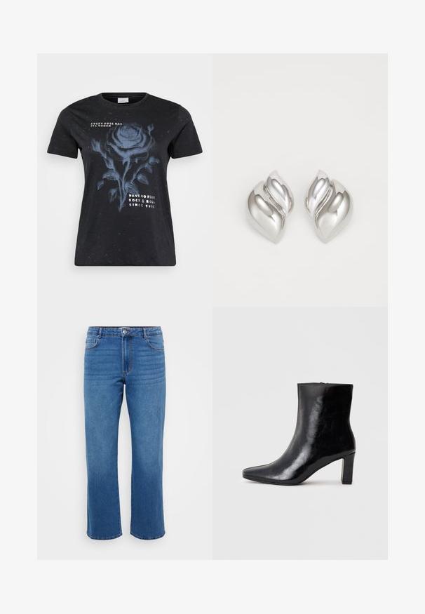 ONLY Carmakoma CARMIKO WASHED SS REG TEE JRS - T-Shirt print - black; Blaue Jeans aus Denim mit geradem Beinansatz, ausgestattet mit einem Knopfverschluss, klassischem Fünf-Taschen-Design und subtiler, ausgewaschener Textur an den Oberschenkeln.; Schwarze Knöchelstiefel aus glänzendem Leder mit spitzem Zustand und mittelhohem Blockabsatz, mit glatter Textur und einfachem Design.; Silberne Ohrringe mit einer organischen, abstrakten Form. Glatte, glänzende Oberfläche mit einem konischen Design. Mit dezenten Kurven und einem zentralen Linienelement.