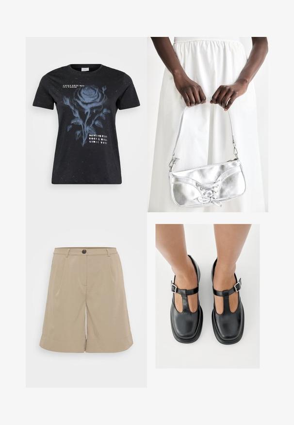 ONLY Carmakoma CARMIKO WASHED SS REG TEE JRS - T-shirts print - black; Khaki shorts lavet af letvægtsstof, med flad front, plisseringer, knaplukning og rullede nederkanter. Simpelt og skræddersyet design.; Sorte lædersko med T-rem-design, lukket tå og sølvfarvede spændeaccenter. Glat tekstur med rundet tå og flad sål.; Sølvmetallic håndtaske med snøredetaljer, der har et slankt design og en kort strop. Tasken holdes i hænderne for at fremvise dens tekstur.