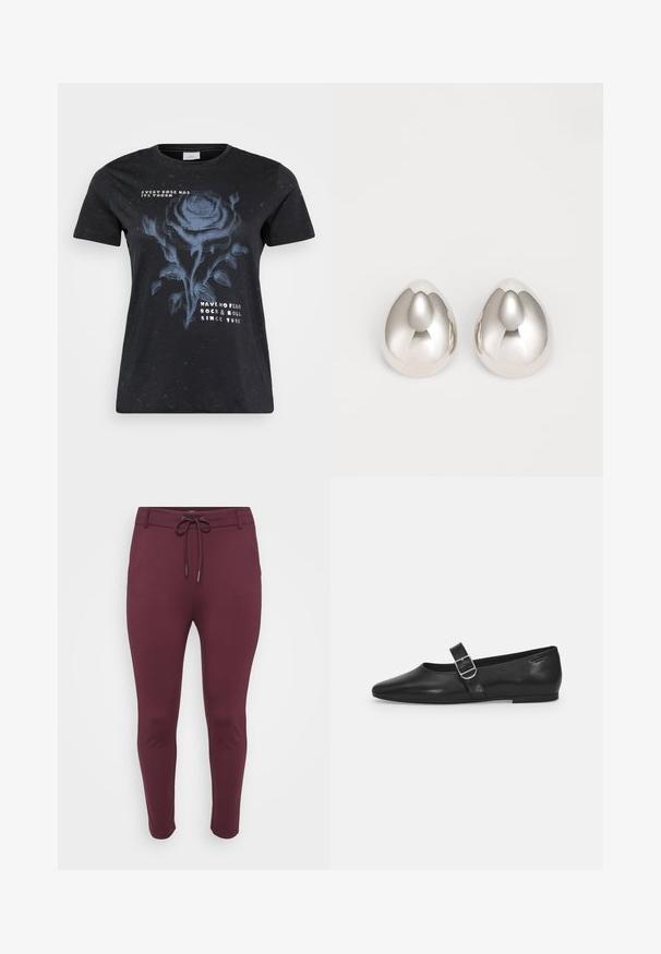 ONLY Carmakoma CARMIKO WASHED SS REG TEE JRS - T-Shirt print - black; Burgunderfarbene, dehnbare Hose mit einem Kordelzugbund, die ein figurschmeichelndes Design und schmal zulaufende Beine aufweist, vor einem weißen Hintergrund präsentiert.; Schwarzer Lederflatschuh mit runder Zehenform, einem verstellbaren Schnallenriemen und einer glatten, glänzenden Oberfläche. Minimalistisches Design mit einem niedrigen Absatz.; Silberne metalliche Ohrcuffs mit einem glatten, abgerundeten Design, das einer Träne ähnelt, mit einer reflektierenden Oberfläche und nahtlosem Finish.