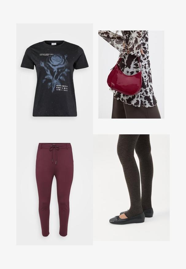 ONLY Carmakoma CARMIKO WASHED SS REG TEE JRS - T-shirts print - black; Bordeaux farvet, strækbare bukser med snor i taljen, der har en tætsiddende pasform og smalle ben, præsenteret mod en hvid baggrund.; Ben iført mørke ribbede leggings kombineret med sorte balletsko med små sløjfedetaljer på hvid baggrund.; Kvinde iført en sort- og hvidmønstret bluse, der holder en blank rød skuldertaske mod en ensfarvet baggrund.