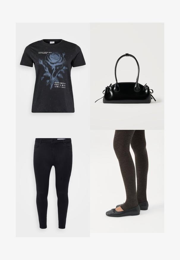 ONLY Carmakoma CARMIKO WASHED SS REG TEE JRS - T-shirts print - black; Sorte slim-fit jeans lavet af strækbart denim, med en frontlukkedrag og bælteløkker, samt fem lommer med en glat overflade.; Ben iført mørke ribbede leggings kombineret med sorte balletsko med små sløjfedetaljer på hvid baggrund.; Lille sort blank håndtaske med to lange håndtag og snøre-detaljer i siden på en ensfarvet lys baggrund.