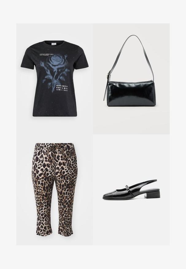 ONLY Carmakoma CARMIKO WASHED SS REG TEE JRS - T-shirts print - black; Leopardmønstret bukser med snøre i taljen, cropped længde og glat stof med sort, brunt og beige nuancer.; Sort laklæderslingback-sko med lav blokhæl og tynd rem med sølvspænde over toppen.; Sort rektangulær skuldertaske med en enkelt justerbar rem og lynlås i toppen på en ensfarvet baggrund.