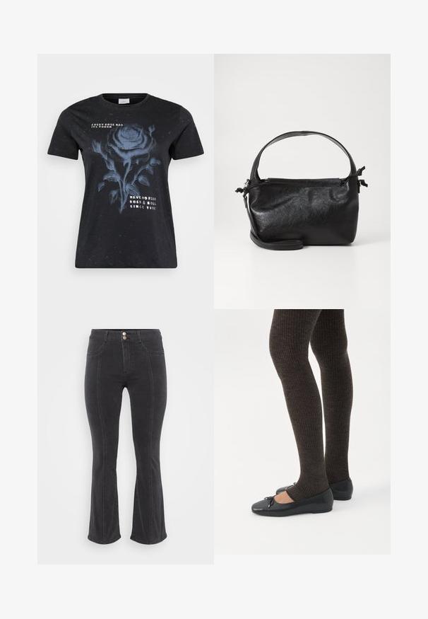 ONLY Carmakoma CARMIKO WASHED SS REG TEE JRS - T-shirts print - black; Sorte denim jeans med flared ben og høj talje, der har to forlommer og dobbeltknaplukning, glat tekstur og minimale syninger.; Ben iført mørke ribbede leggings kombineret med sorte balletsko med små sløjfedetaljer på hvid baggrund.; Sort læderhåndtaske med et struktureret design, rund tophåndtag og aftagelig skulderrem. Den har en glat tekstur og en subtil glans.