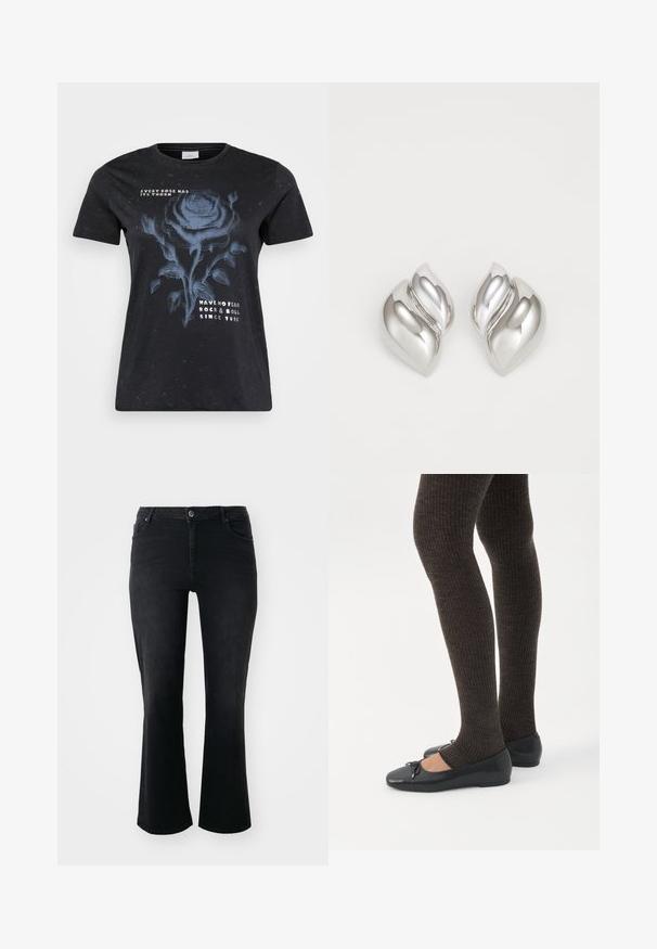 ONLY Carmakoma CARMIKO WASHED SS REG TEE JRS - T-shirts print - black; Sorte denim jeans med mid-rise talje, frontknap, to frontlommer, to baglommer og flared ben.; Ben iført mørke ribbede leggings kombineret med sorte balletsko med små sløjfedetaljer på hvid baggrund.; Sølvøreringe med en organisk, abstrakt form. Glat, skinnende overflade med et tilspidset design. Har subtile kurver og en centrallinje detalje.