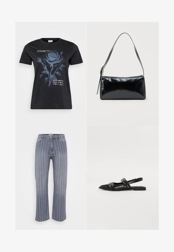 ONLY Carmakoma CARMIKO WASHED SS REG TEE JRS - Trükipildiga T-särk - black; Heledad püksid heledast hallist denimist, millel on valged vertikaalsed triibud. Omab standardset vööd, viit taskut ning peeneid õmblusdetailide. ; Even&Odd Kannarihmaga baleriinad - black; Must ristkülikukujuline õlakott ühe reguleeritava rihmaga ja ülemise tõmblukuga, ühtlase taustaga.