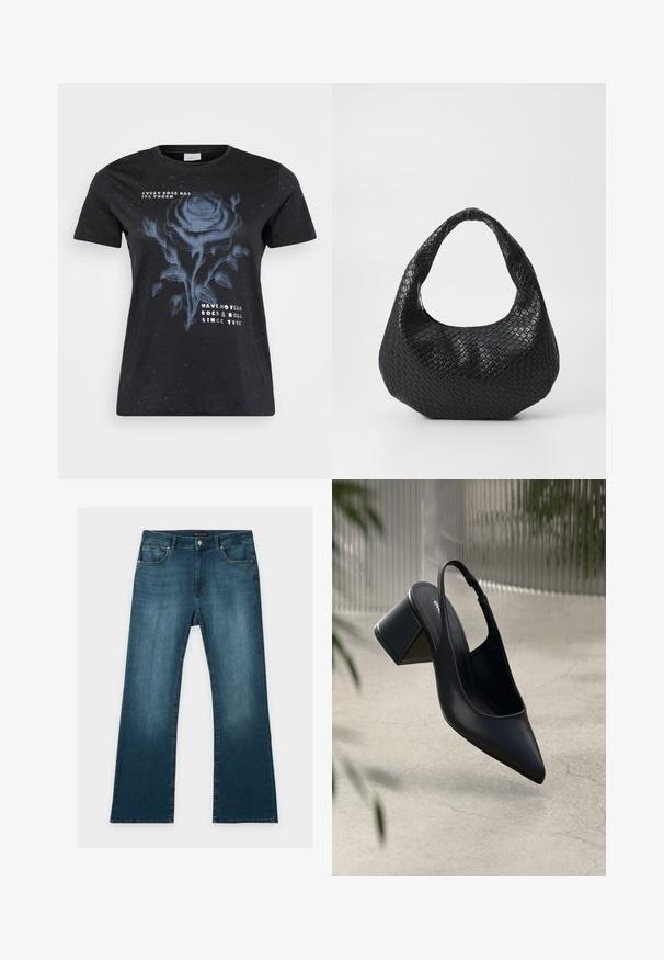 ONLY Carmakoma CARMIKO WASHED SS REG TEE JRS - T-shirts print - black; Blå jeans med lige ben, foran- og baglommer, knap- og lynlåslukning og subtile falmede detaljer på lår og knæ.; Sort læder slingback hæl med spids tå og blokhæl. Glat tekstur, minimalistisk design og justerbar ankelrem.; Sort flettet håndtaske med et buet håndtag, der har en struktureret overflade og en afslappet form. Glat finish med en organisk silhuet.