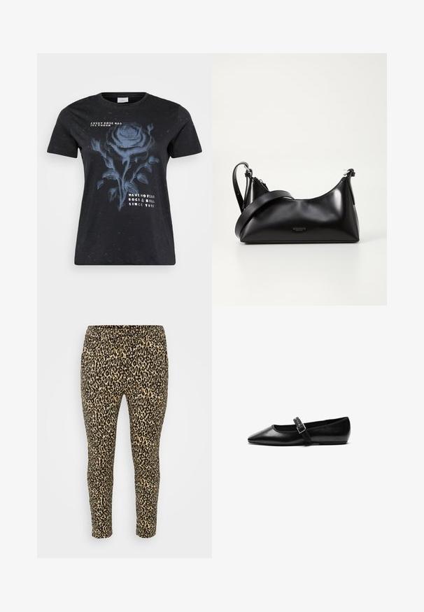 ONLY Carmakoma CARMIKO WASHED SS REG TEE JRS - Camiseta estampada - black; Leggings con estampado de leopardo en tono beige y negro, que presentan una cintura con cordón, ajuste ceñido y una tela suave y elástica para mayor comodidad.; Zapato plano negro de cuero con punta afilada, correa ajustable con hebilla de metal, textura suave y diseño minimalista.; Bolso de mano de cuero negro con una textura suave. Cuenta con una correa ajustable y un diseño elegante y minimalista con cierre de cremallera.