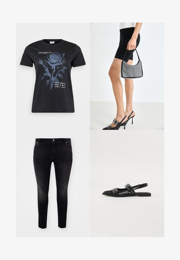 ONLY Carmakoma CARMIKO WASHED SS REG TEE JRS - Tričko s potlačou - black; Čierne denimové džínsy so Slim fit, päťokami, zapínaním na gombík a jemným vyblednutím pre textúru. Minimalistický štýl, bez viditeľných vzorov.; Even&Odd by Zalando Balerínky na šnúrky - black; Čierna korálková kabelka s zakriveným siluetom, nosnou rukoväťou a lesklou textúrou. Nosená s vysokými čiernymi topánkami na opätku a priliehavými čiernymi šortkami.
