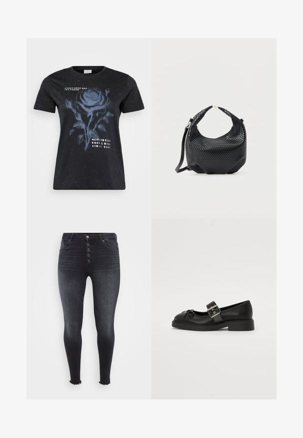 ONLY Carmakoma CARMIKO WASHED SS REG TEE JRS - T-shirts print - black; Højtaljede sorte skinny jeans med knaplukning foran, falmet tekstur og frynset kant detalje. Fremstillet af denim materiale.; Sort læder Mary Jane-sko med rund tå, ankelrem og sølv spænde detalje. Har en flad, chunky sål og en sløjfe akcent.; Sort flettet læderhåndtaske med kort håndtag og aftagelig skulderrem, vist mod en ensfarvet lys baggrund.