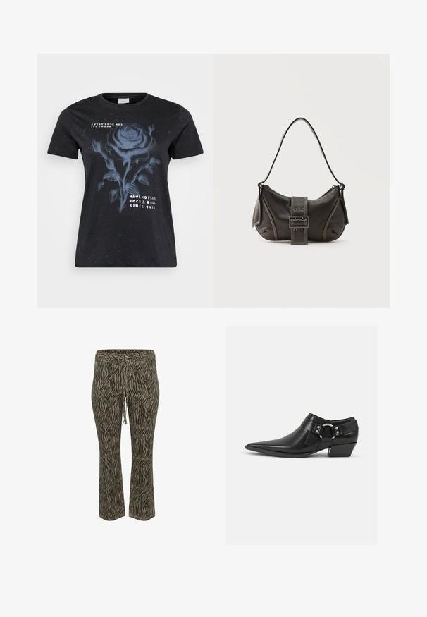 ONLY Carmakoma CARMIKO WASHED SS REG TEE JRS - T-Shirt print - black; Elastische Hose mit Kordelzug im khaki und beigefarbenen Zebra-Muster. Mittlere Leibhöhe, ausgestellte Beinform, weicher Stoff. Geeignet für Freizeitkleidung.; Schwarze Leder-Ankle-Boots mit spitzem Zeh, ausgestattet mit einem vorderen Leder-Riemen und einem silbernen Schnallendetail sowie einem niedrigen Blockabsatz.; Schwarze Leder-Schultertasche mit Schnallengurt-Detail, abgerundeten Kanten und kontrastierenden weißen Nähten auf schlichtem Hintergrund.