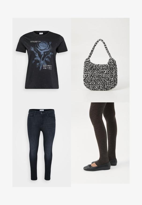 ONLY Carmakoma CARMIKO WASHED SS REG TEE JRS - T-shirts print - black; Mørkeblå skinny jeans med en glat overflade, der har et klassisk fem-lomme-design og en lynlås med knaplukning.; Ben iført mørke ribbede leggings kombineret med sorte balletsko med små sløjfedetaljer på hvid baggrund.; Vævet håndtaske i sort og hvid med en rund form, tekstureret overflade og et fletet håndtag. Velegnet til afslappet brug.