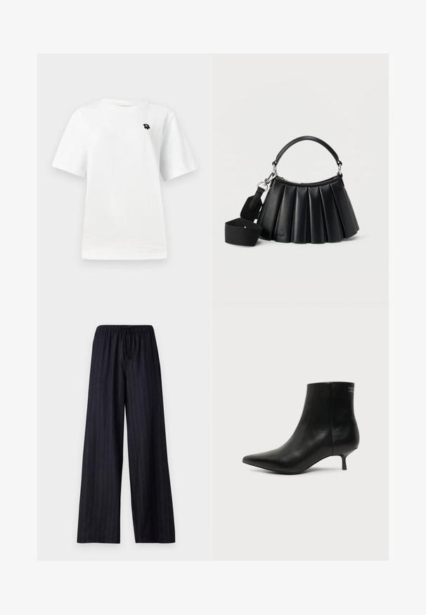 Camiseta blanca de manga corta con un pequeño gráfico negro en el área del lado izquierdo del pecho, sobre un fondo claro y liso.; Pantalones de pierna ancha a rayas negras con cintura elástica y cordón. Fabricados en una tela suave sin cierres visibles ni bolsillos.; Botín de piel negra con puntera puntiaguda y tacón bajo estilo kitten sobre fondo claro, mostrando vista lateral exterior.; Bolso negro de cuero plisado con asa corta y correa de hombro ancha de tela desmontable sobre fondo blanco.