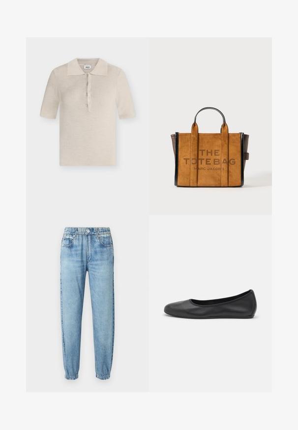 Modström HIROKIMD - Polo - summer sand; Jean en denim bleu clair avec des ourlets élastiqués, un bouton et une fermeture éclair à l'avant, des passants de ceinture et des poches avant.; Ballerines en cuir noir avec un bout rond, texture lisse, détails de couture minimalistes et design de semelle flexible.; Sac fourre-tout en suédine marron avec des accents en cuir noir, doté de deux courtes poignées et du texte "LE SAC FOURRE-TOUT" en gras sur le devant.