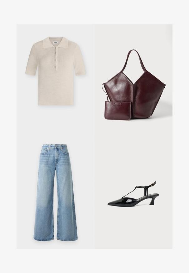 Modström HIROKIMD - Polo - summer sand; Jeans de mezclilla anchos de color azul claro con una cintura alta, que cuentan con cuatro bolsillos, un cierre de botón y un ligero desgaste en la tela.; Zapato de tacón bajo para mujer en charol negro con tira trasera, punta puntiaguda y correa fina con cierre de hebilla pequeña.; Bolso de mano de cuero marrón oscuro con un asa y un pequeño monedero a juego con cremallera colocado delante sobre un fondo claro.