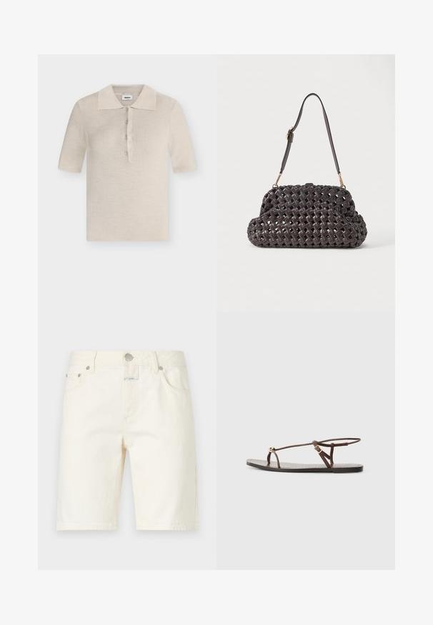 Modström HIROKIMD - Polo - summer sand; CLOSED JINNIE - Short - white; Sandale en cuir marron avec des fines lanières, un accent circulaire doré et une semelle plate. Design minimaliste avec un détail de boucle réglable.; Sac à main en cuir noir tressé avec une silhouette courbée et une seule bandoulière réglable avec des ferrures dorées.