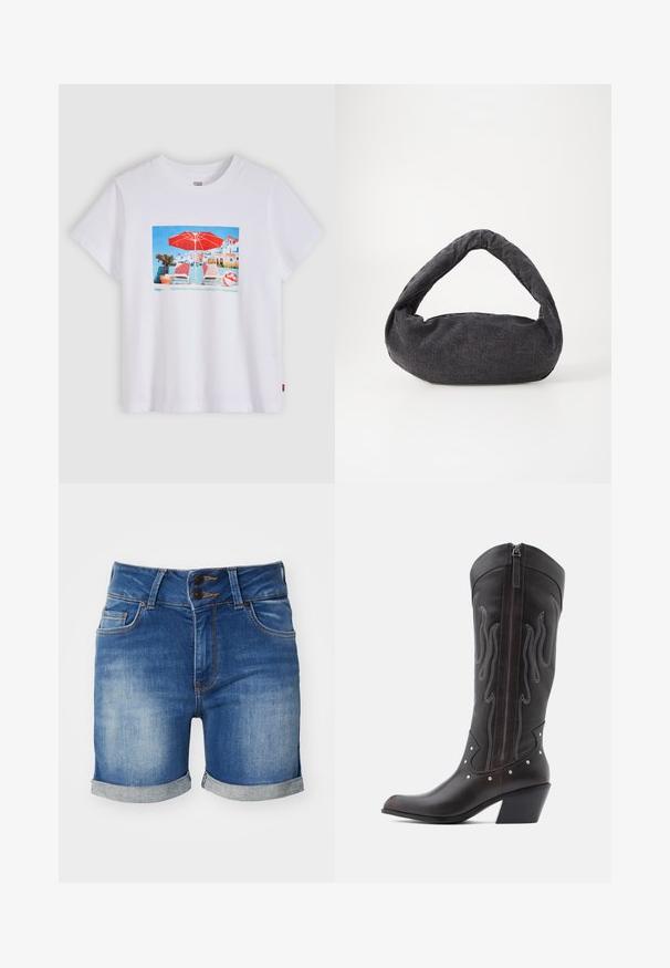 Wit Levi's T-shirt met een kleurrijke print van twee ligstoelen onder een rode parasol bij een zwembad met gebouwen op de achtergrond.; Denim shorts in een licht naar donkerblauwe gradient, met een dubbele knoopsluiting, opgerolde zomen en voorzakken met contrasterende stiksels.; Bruine leren cowboylaarzen met vlamstiksels, zijrits, zilveren studs, spits toelopende neus en gestapelde hak.; Donkergrijze stoffen tas met een gebogen handvat, zachte textuur en ronde vorm. Geen zichtbare hardware of versieringen.