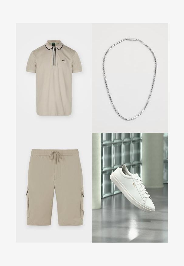 Lichtbeige polo shirt van katoen, met een ritssluiting en contrasterende donkergekleurde afwerking, voorzien van een subtiel "BOSS" logo op de linkerborst.; Beige cargoshorts met een elastische tailleband en een koord. Beschikt over zijzakken en een zachte, lichte stof.; Witte leren lage sneaker met veters, zwarte hielstrook en "BOSS"-logo, zwevend binnenshuis bij een glazen stenen muur en gepolijste vloer.; Zilveren gedraaide ketting met een gladde textuur, voorzien van een eenvoudig sluitingsontwerp. De ketting heeft een uniforme dikte over de hele lengte.