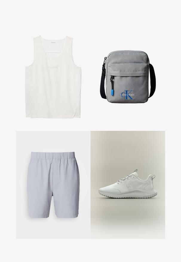 Witte mouwloze Calvin Klein tanktop met ronde halslijn en subtiele logotekst op de borst.; Lichtgrijze zwembroek met een elastische tailleband, twee zijzakken en een gladde, lichte stof. Geen zichtbare patronen of versieringen.; Witte lage sportschoen met een textuure zool, veters aan de voorkant en "cK"-logo op de zijkant, in profiel getoond op een neutrale achtergrond.; Grijze Calvin Klein schoudertas met voorvak met rits, verstelbare zwarte band en blauwe "cK" logo borduursel aan de voorkant.