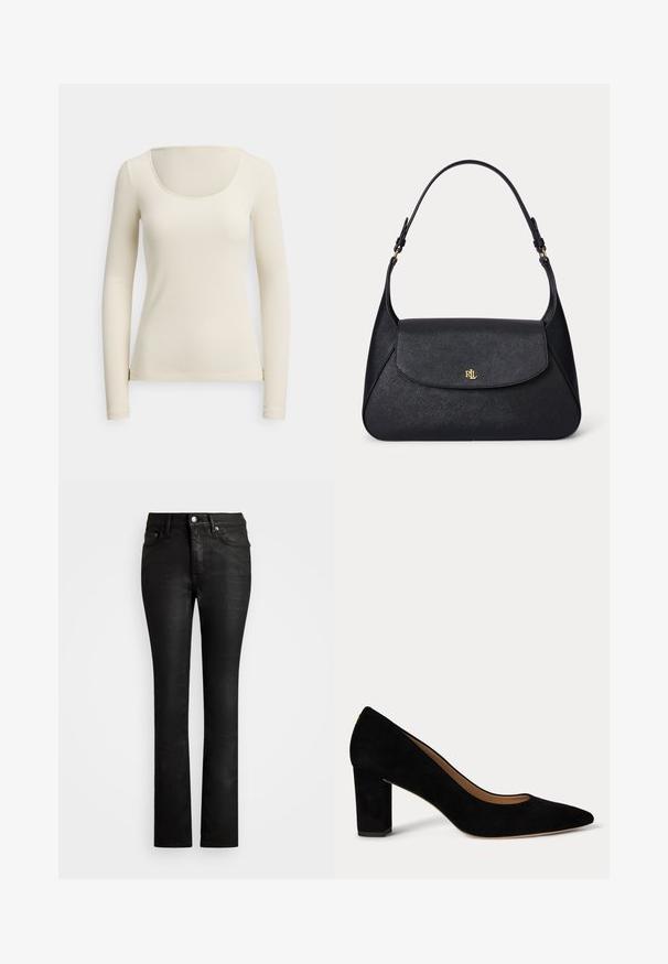 Langærmet ribstrikket top i creme med bred rund halsudskæring, blød tekstur, tætsiddende silhuet og sideslidser ved kanten.; Sorte denim jeans med en slim fit, fem-lomme design og subtil glans. Har en knaplukning og bælteløkker.; Damskoledressko i sort ruskind med lav blokhæl, spids tå og beige indvendig for på hvid baggrund.; Sort tekstureret læder skuldertaske med en buet klap og guld "RL" logo foran, med en justerbar rem med guldfarvet hardware.