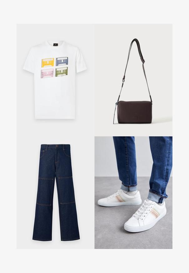 Hvid bomulds t-shirt med fire farvede kassettebånd (gul, blå, pink, grøn) med distinkte retrodesigns og etiketter trykt foran.; Mørkeblå denim bukser med vid ben og kontrasterende orange syninger, der har store lappelommer på hver ben og en knaplukning i taljen.; Hvide lædersneakers med multicolore striber, snørebåndsdesign, gummisål og polstret krave, parret med blå denimjeans.; Mørkebrun textured læder crossbody taske med justerbar rem og lille dekorativ blå accent på siden.