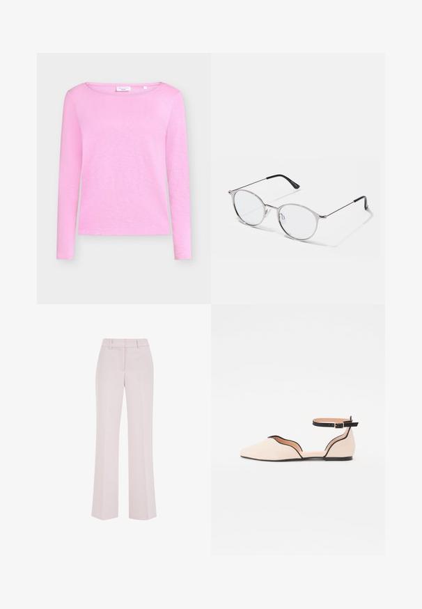 Chemise en coton rose à manches longues avec un col rond, présentée à plat sur un fond gris clair.; Pantalon rose pâle à jambes droites avec passants de ceinture et détails de couture avant, présenté sur un fond blanc.; Ballet flat en beige clair avec un bout pointu, présentant un design à découpes arrondies et une bride noire à la cheville. Texture lisse et style minimaliste.; Lunettes en métal argenté avec des verres ronds et une fine monture. Les embouts de branches noirs offrent un contraste. Plaquettes de nez ajustables incluses.