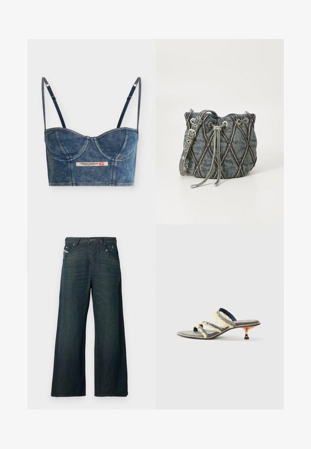 Denimblaues, kurzes Bustier-Top mit verstellbaren dünnen Trägern, Cup-Details und einem Diesel Industry-Label vorne in der Mitte.; Dunkelblaue Jeans mit weitem Bein, leicht abgenutzt nahe den vorderen Taschen, mit standardmäßiger Knopf- und Reißverschlussleiste.; Denim-Slidesandale mit drei gelben, ausgefransten Riemen, einer leicht spitzen Zehenpartie und einem metallischen Kitten-Heel. Flache Sohle mit dekorativer Naht.; Denim-Eimer-Tasche mit diamantquiltetem Muster, grauem Kordelzugverschluss, silbernen Hardware-Akzenten und weicher Textur, ausgestattet mit einem abnehmbaren Tragegurt.