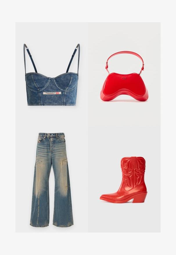 Sinine lühendatud denim-bustier top reguleeritavate õhukeste rihmadega, tassis olevate detailidega ja Diesel Industry sildiga ees keskel.; Lainelised tuhmiks kulunud sinised teksapüksid, millel on kulunud detailid, esimesed ja küljetaskud ning nööbiga ja luku sulgur.; Punane cowboy saabas kõrge, laieneva kontsaga. Valmistatud läikivast materjalist, millel on reljeefsed läänestyle musterid varrel. Terav nina vorm.; Punane lakknahast kott, millel on kõver ja ergonoomiline kuju, õhuke reguleeritav rihm ning esiküljel peen logo.