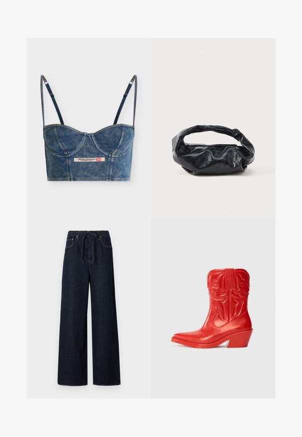 Denimblauwe cropped bustier top met verstelbare dunne bandjes, cup details en een Diesel Industry-label aan de voorkant in het midden.; Donkerblauwe wijduitlopende denim broek met een trekkoord in de taille, standaard vijf zakken ontwerp en contrasterende stiksels.; Rodeo cowboylaars in het rood met een hoge, flared hak. Gemaakt van glanzend materiaal met reliëf westelijke ontwerpen op de schacht. Puntige neusvorm.; Zwarte tas van glanzend, textuur materiaal met een ronde, gedraaide handgreep en een ritsluiting. Heeft een zacht, gekreukt ontwerp.
