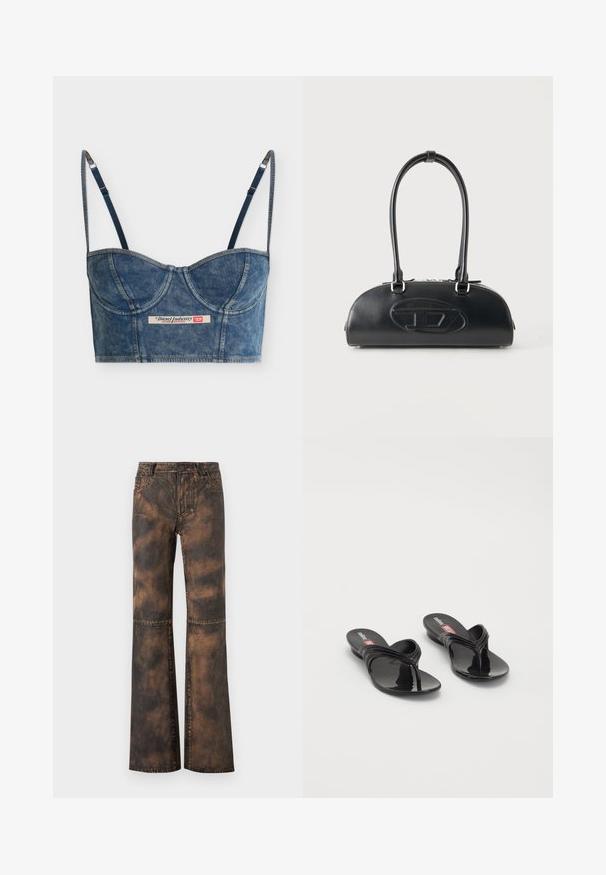 Denimblauwe cropped bustier top met verstelbare dunne bandjes, cup details en een Diesel Industry-label aan de voorkant in het midden.; Bruine denim flared broek met een vervaagde, getextureerde afwerking. Heeft vijf zakken, riemlussen en een knoopsluiting. Platte naden en wijd been.; Melissa QUANTUM THONG X DIESEL - Teensandalen - black; Zwarte leren handtas met lange dubbele handvatten en een reliëflogo in ovale vorm aan de voorkant, getoond tegen een effen lichte achtergrond.