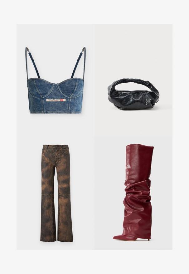 Denimblå cropped bustier top med justerbare tynde stropper, bægerdetaljer og et Diesel Industry-mærke foran i midten.; Brune denim bukser med vidde og en falmet, struktureret finish. Har fem lommer, bæltestropper og knaplukning. Flade sømme og vide ben.; Høj, afslappet bordeaux læderstøvle med spids tå og lav hæl på en ensfarvet lys baggrund.; Sort taske lavet af blankt, tekstureret materiale med et cirkulært, snoet håndtag og lynlås. Har et blødt, rynket design.