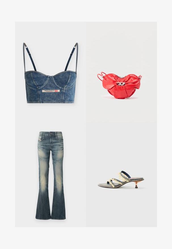 Denimblå cropped bustier top med justerbare tynde stropper, bægerdetaljer og et Diesel Industry-mærke foran i midten.; Denimjeans med vidde i en falmet blå farve med let slid. Har lukning med knapper foran, fem lommer og en talje i mellemhøjde.; Denim slidesandaler med tre gule, frynset remme, en let spids tå og en metal kitten heel. Flad sål med dekorativ syning.; Rød læderhåndtaske med hjerteform, samlet design, sølvlynlås og en fremtrædende metal logoaccent foran.