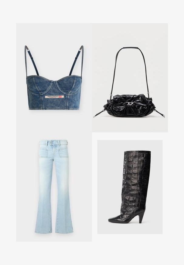 Τζιν μπλε cropped bustier τοπ με ρυθμιζόμενους λεπτούς ιμάντες, λεπτομέρειες στα cups και ετικέτα Diesel Industry στο κέντρο μπροστά.; Ανοιχτό μπλε φαρδιά τζιν παντελόνια σε παλιοκομμένα τζιν, με δύο μπροστινές τσέπες, κουμπωτή μέση και αντίθετες ραφές. Λείος υφασμάτινος σκελετός.; Μαύρη δερμάτινη μπότα έως το γόνατο με υφή κροκοδείλου, μυτερή μύτη και λεπτεπίλεπτο ψηλό τακούνι. Διαθέτει κομψό σχεδιασμό και λείο φινίρισμα.; Μαύρη δερμάτινη τσάντα χειρός με σχεδιασμό πιέτας και λεπτομέρεια φιόγκου στο μπροστινό μέρος. Διαθέτει κοντή λαβή και ασημένιες μεταλλικές λεπτομέρειες.