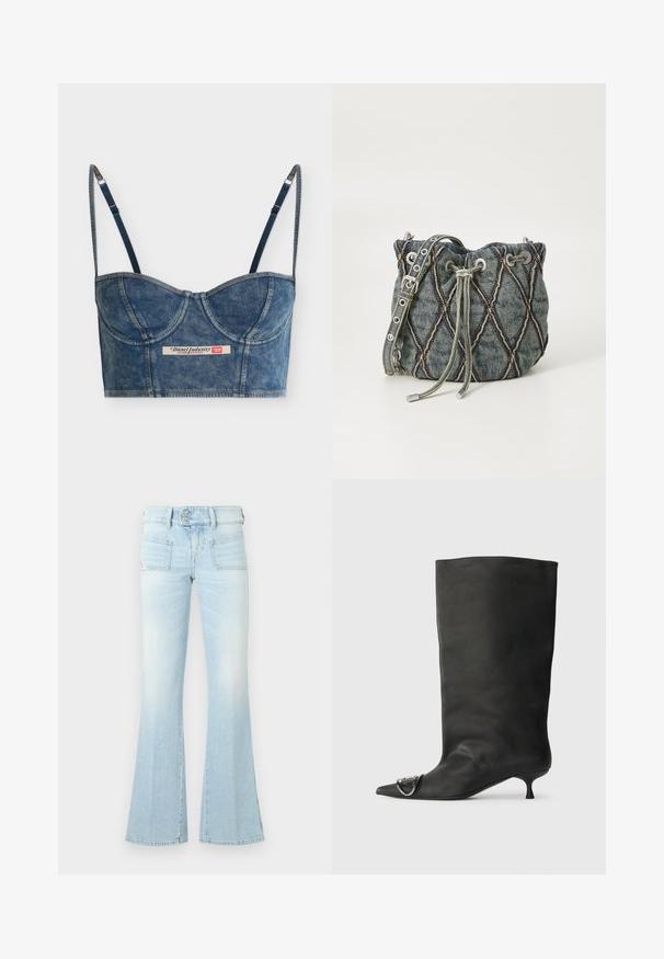 Τζιν μπλε cropped bustier τοπ με ρυθμιζόμενους λεπτούς ιμάντες, λεπτομέρειες στα cups και ετικέτα Diesel Industry στο κέντρο μπροστά.; Ανοιχτό μπλε φαρδιά τζιν παντελόνια σε παλιοκομμένα τζιν, με δύο μπροστινές τσέπες, κουμπωτή μέση και αντίθετες ραφές. Λείος υφασμάτινος σκελετός.; Μαύρη δερμάτινη μποτάκι στον αστράγαλο με μυτερή μύτη, μικρό τακούνι και μεταλλική λεπτομέρεια στη μύτη. Λείος, ματ υφή σε όλη την επιφάνεια.; Τσάντα bucket από τζιν με διαμαντένιο καπιτονέ μοτίβο, γκρι κορδόνι κλεισίματος, ασημένιες λεπτομέρειες αξεσουάρ και απαλό υλικό, διαθέτει αποσπώμενη strap.