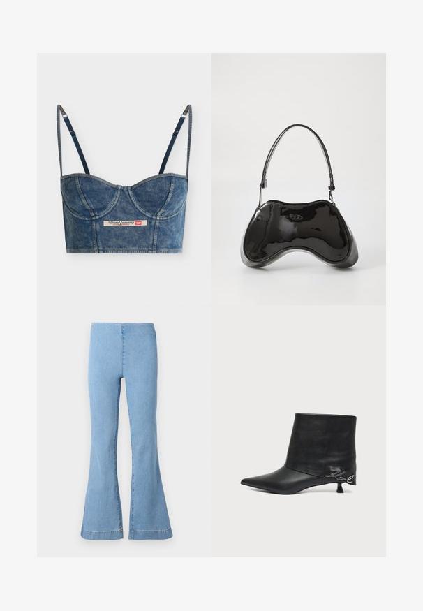 Bustier court bleu denim avec bretelles fines réglables, détails sur les bonnets et une étiquette Diesel Industry au centre devant.; Pantalon flare en denim bleu clair avec taille haute, sans poches ni fermetures visibles, sur fond blanc.; Bottine en cuir noir avec bout pointu, petit talon kitten et détail écrit argenté près du talon.; Sac à main en cuir verni noir avec une forme incurvée unique, une anse courte et ajustable, et une fermeture zippée. Texture lisse avec un branding discret.