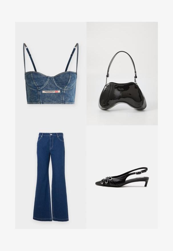 Denimblaues, kurzes Bustier-Top mit verstellbaren dünnen Trägern, Cup-Details und einem Diesel Industry-Label vorne in der Mitte.; Dunkelblaue Schlagjeans aus Denim. Merkmale sind Gürtelschlaufen, Fronttaschen und kontrastierende Nähte. Weite Beinausschnitte.; Schwarzer Lederslingback mit spitzer Spitze, drei silbernen Schnallen vorne und niedrigem Kittenabsatz auf weißem Hintergrund.; Schwarze Handtasche aus lackiertem Leder mit einer einzigartigen, geschwungenen Form, kurzem verstellbarem Griff und einem Reißverschluss oben. Glatte Textur mit dezentem Branding.