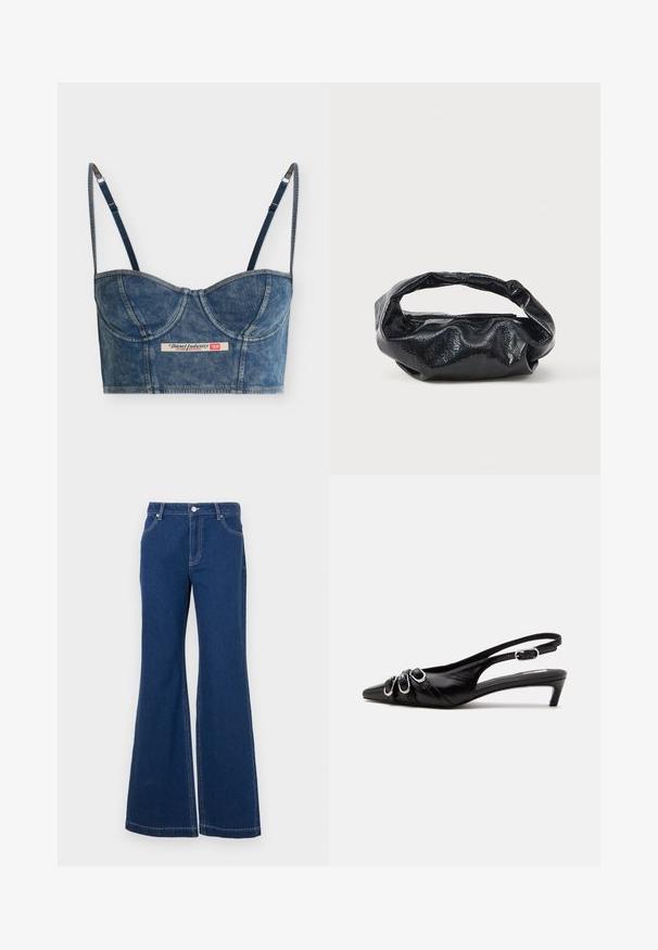 Top bustier corto azul vaquero con tirantes finos ajustables, detalles en las copas y una etiqueta Diesel Industry en la parte delantera central.; Jeans acampanados de un azul oscuro, fabricados en denim. Incluyen bucles para cinturón, bolsillos frontales y costuras en contraste. Apertura de pierna amplia.; Zapato slingback de cuero negro con punta puntiaguda, tres hebillas plateadas en la parte delantera y tacón bajo tipo «kitten» sobre fondo blanco.; Bolso negro hecho de un material brillante y texturizado con un asa circular retorcida y un cierre de cremallera. Presenta un diseño suave y arrugado.