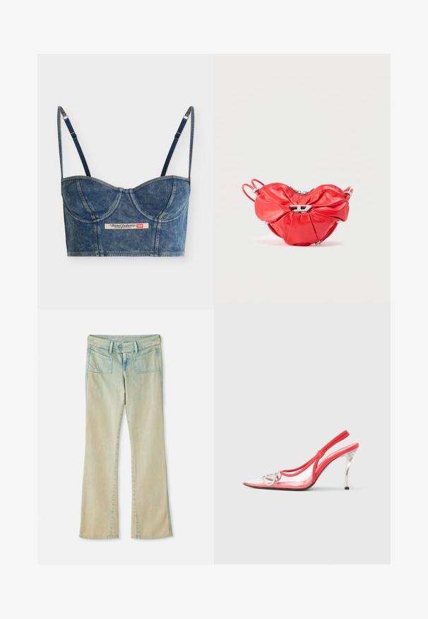 Bustier court bleu denim avec bretelles fines réglables, détails sur les bonnets et une étiquette Diesel Industry au centre devant.; Jean flare en denim bleu clair avec une finition délavée, présentant des passants de ceinture, deux poches avant et deux poches arrière avec des accents de couture.; Escarpins rouges à bride arrière avec tige transparente, bout pointu et talon stiletto métallique. Bride ajustable avec accent de logo.; Sac à main en cuir rouge en forme de cœur, design froncé, fermeture éclair argentée et grand logo métallique en avant.