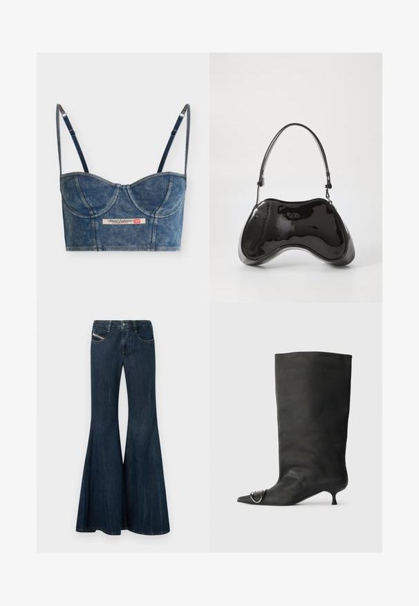 Bustier court bleu denim avec bretelles fines réglables, détails sur les bonnets et une étiquette Diesel Industry au centre devant.; Jean évasé en denim bleu foncé avec une taille haute, cinq poches et une fermeture à bouton. Présente un léger effet délavé et des détails de couture subtils.; Bottines en cuir noir à bout pointu, petite talon et détail métallique sur le bout. Texture lisse et mate partout.; Sac à main en cuir verni noir avec une forme incurvée unique, une anse courte et ajustable, et une fermeture zippée. Texture lisse avec un branding discret.