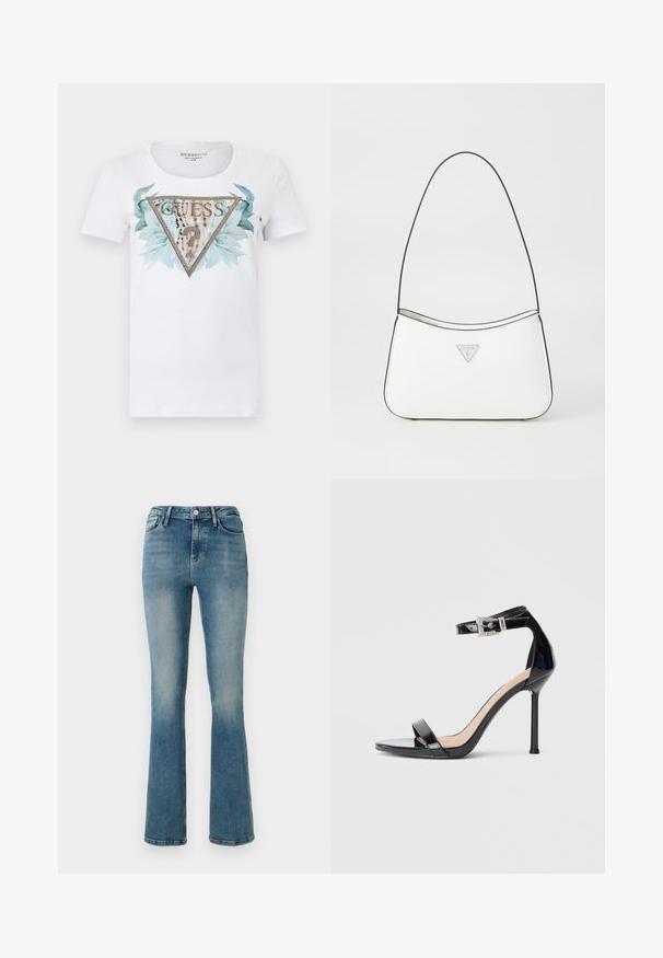 Wit shirt met korte mouwen en een groot driehoekig GUESS-logo, versierd met kleine studs, blauwgroene bladeren en een vraagteken met luipaardprint erin.; Lichtblauwe flared jeans van denim met vijf zakken, een hoge taille en stikselDetails. De stof heeft een licht vervaagde wassing en een gladde textuur.; Zwarte sandalen met hoge hak van lakleer en een enkelriempje. Heeft een minimalistisch ontwerp, open teen en een gesp met strass-steentjes.; Witte handtas met een slank, gebogen ontwerp, voorzien van een dunne zwarte schouderband en een zilveren driehoekig logo-accent. Gladde textuur en minimale detailing.