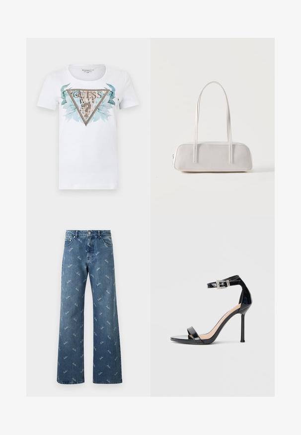 Weißes T-Shirt mit kurzen Ärmeln und einem großen, dreieckigen GUESS-Logo, verziert mit kleinen Nieten, blau-grünen Blättern und einem Leopardenmuster-Fragezeichen im Inneren.; Hellblaue Denim-Jeans im weit geschnittenen Design, mit einem wiederholten 'lala'-Logo-Muster in Weiß und einem klassischen Fünf-Taschen-Stil.; Schwarzer Riemchensandale aus Lackleder mit hohem Absatz und Knöchelriemen. Verfügt über ein minimalistisches Design, offene Zehenpartie und eine Schnalle mit Strassakzenten.; Weiße rechteckige Schultertasche mit langen dünnen Trägern, minimalen Nähten und Reißverschlussverschluss vor einem schlichten Hintergrund.
