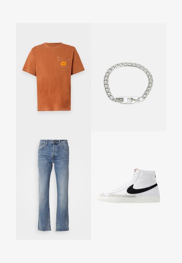 Oranges Baumwoll-T-Shirt mit Rundhalsausschnitt, kurzen Ärmeln, Brusttasche und einem gelben Aufnäher. Mit kontrastierenden weißen Nähten.; Hellblaue Denim-Jeans mit geradem Bein, fünf Taschen und einem kleinen Metallknopf am Bund. Ausfransender Saum.; Weiße High-Top-Sneaker mit einem schwarzen Swoosh, strukturiertem grauen Zehenkappeneinsatz und flacher weißer Sohle. Verfügt über sechs Ösen und genähte Akzente.; Silberne Kettenarmband mit ineinandergreifenden Gliedern und strukturierter Oberfläche sowie einem rechteckigen Verschluss. Einfaches und modernes Design.