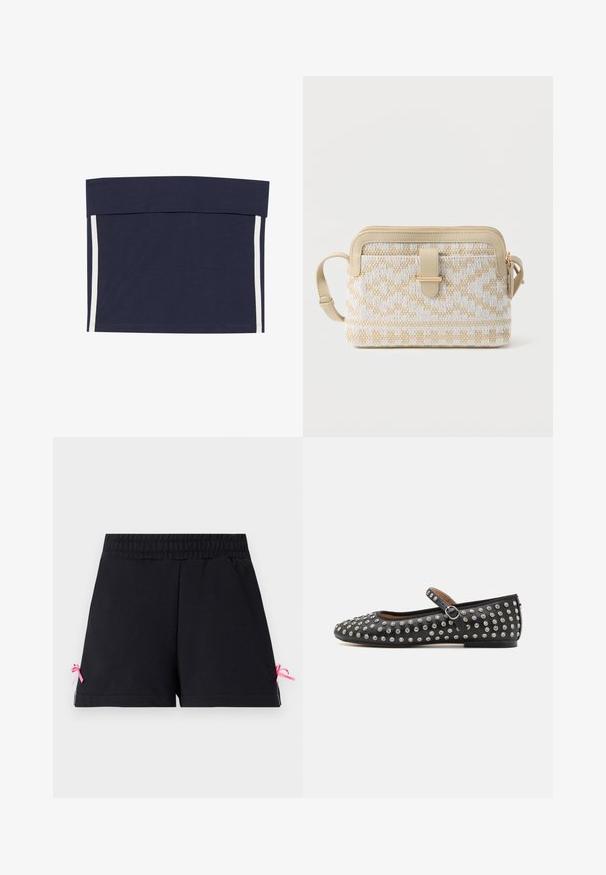 Marineblå cropped top med en bred båndet halsudskæring. Har lodrette hvide striber langs begge sider. Fremstillet af blødt, strækbart stof.; Sorte shorts med elastisk talje, lige kant og små lyserøde sløjfer på hver side nær nederkanten.; Sort læder flad sko med rund tå, der har en rem og sølvfarvede nitter jævnt fordelt over den øverste overflade.; Lille beige og hvid flettet skuldertaske med geometriske mønstre, læderkanter, frontrem med guldfarvet spænde og justerbar skulderrem.