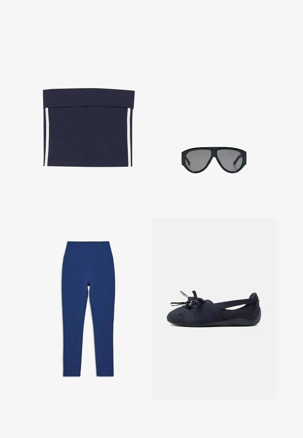 Top court bleu marine avec un col large. Présente des rayures blanches verticales de chaque côté. Fabriqué en tissu doux et extensible.; Leggings bleu marine taille haute avec une coupe ajustée et un détail perforé subtil le long de la partie inférieure extérieure des jambes.; Chaussure plate noire minimaliste Puma avec lacets à l'avant et découpes latérales, conçue pour un confort léger et une grande flexibilité.; Lunettes de soleil aviateur noires oversize avec des verres teintés foncés, affichées sur fond blanc.