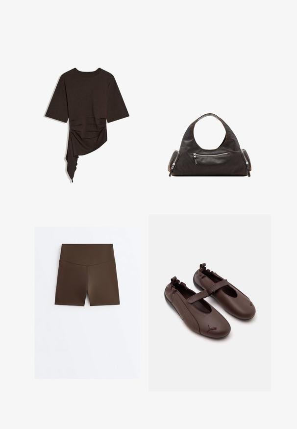 Dunkelbraunes Kurzarm-Oberteil mit rundem Ausschnitt und asymmetrisch drapiertem Saum auf einer Seite.; Braune, hoch taillierte, enganliegende Sportshorts mit V-förmigem Nahtdetail am Bund, dargestellt vor weißem Hintergrund.; Braune Leder Mary Jane Schuhe mit elastischem Fersenbereich, einem Riemen über dem Spann und Puma-Logo auf den abgerundeten Zehen.; Schwarze Lederhandtasche mit rundem Tragegriff oben, zwei Seitentaschen mit Reißverschlüssen und glatter Oberfläche. Leicht lockeres Design.