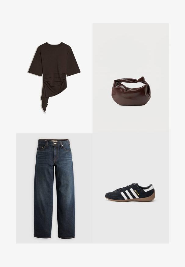Dunkelbraunes Kurzarm-Oberteil mit rundem Ausschnitt und asymmetrisch drapiertem Saum auf einer Seite.; Dunkelblaue Jeans aus Denim mit einem geraden Bein-Design, Fünf-Taschen-Stil und Steppnähten sowie einem Knopfverschluss.; Schwarzer Veloursleder-Sneaker mit drei weißen Streifen, Gummisohle und einem kleinen goldenen Logo an der Seite. Verfügt über ein glattes schwarzes Innenfutter.; Dunkelbraune Lederschultertasche mit weicher, lockerer Form und einem gedrehten Knotengriff vor schlichtem weißem Hintergrund.