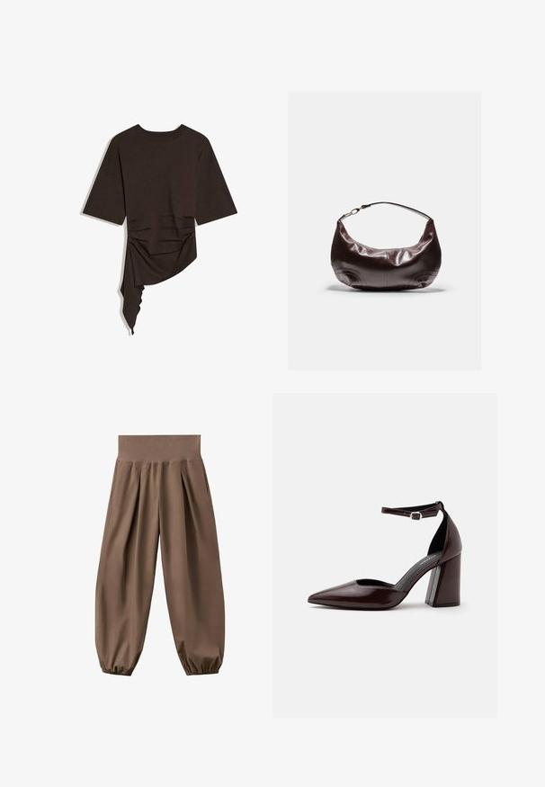 Haut à manches courtes de couleur marron foncé avec encolure ronde et ourlet drapé asymétrique sur un côté.; Pantalon ample marron taille haute avec poignets élastiques froncés et plis avant, présenté sur un fond blanc.; Chaussure à talon haut en cuir marron foncé à bout pointu, avec bride à la cheville et boucle argentée sur fond blanc.; Sac à bandoulière en cuir souple marron foncé avec une sangle courte et un détail de fermoir doré, posé sur un fond clair uni.